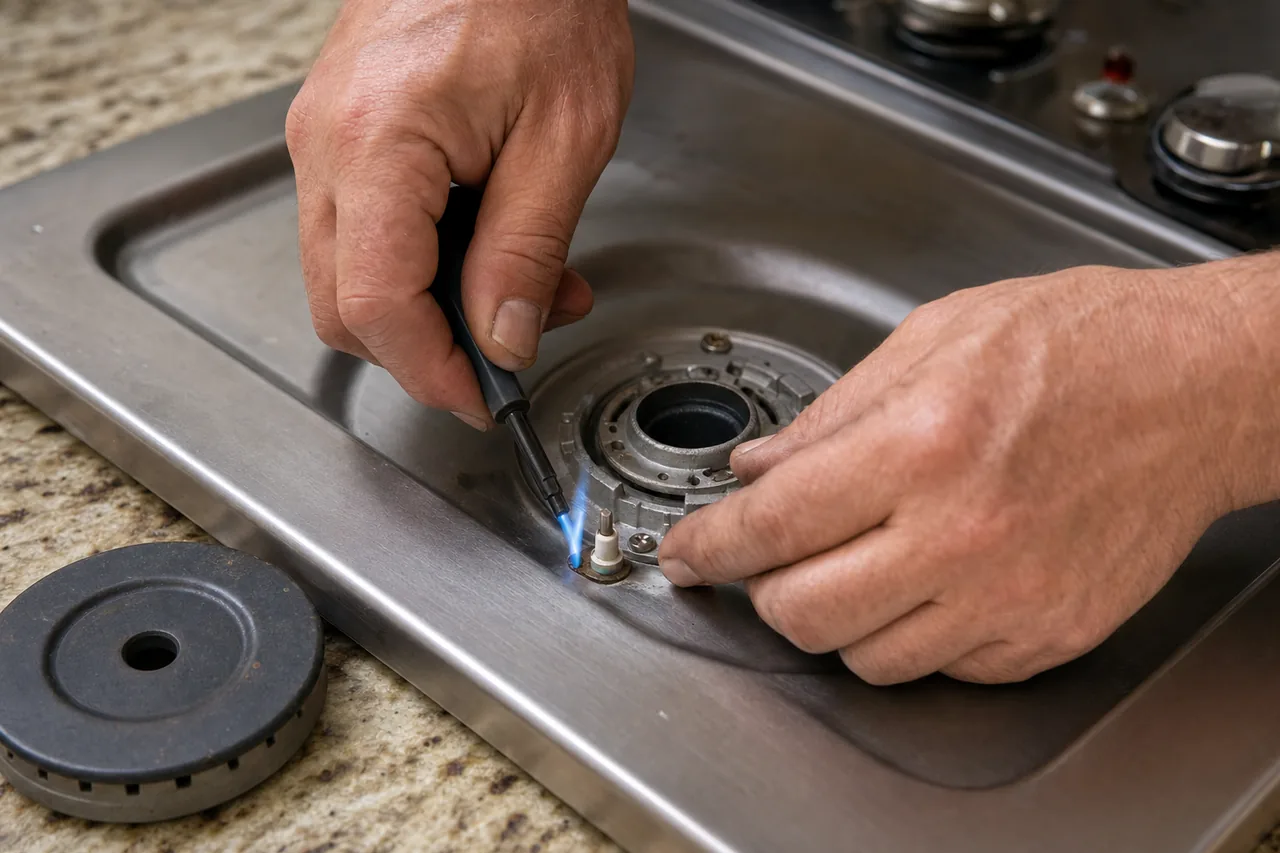 Technician adjusting a gas cooktop burner in a Greenwich kitchen