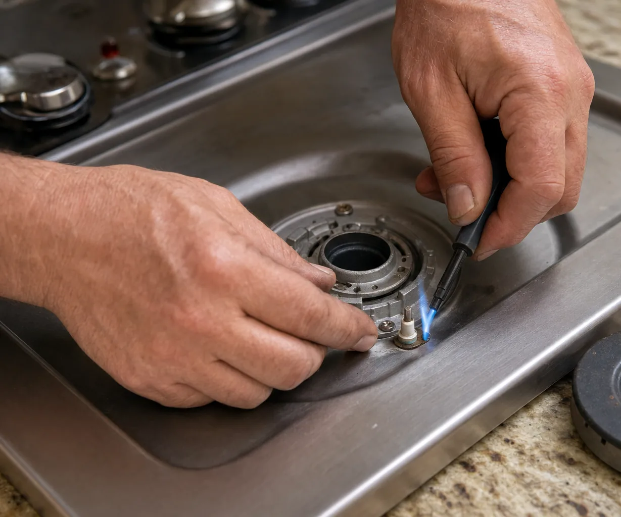 Technician adjusting a gas cooktop burner