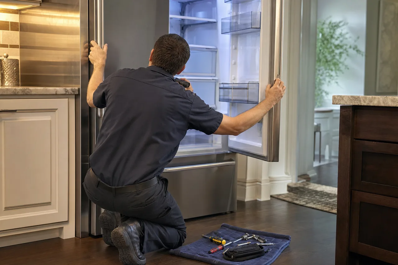 Technician repairing a built-in refrigerator in a Greenwich kitchen