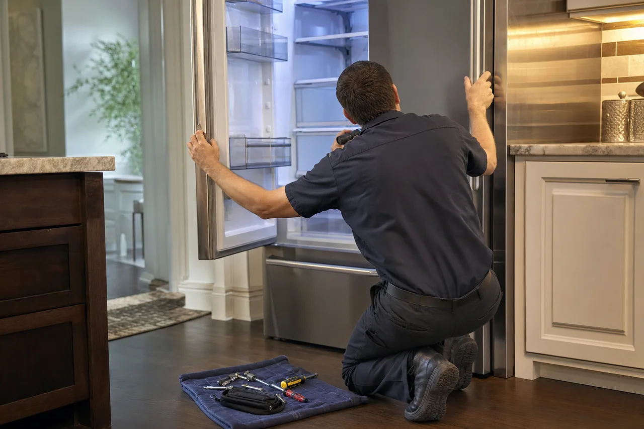 Technician repairing a built-in refrigerator up close