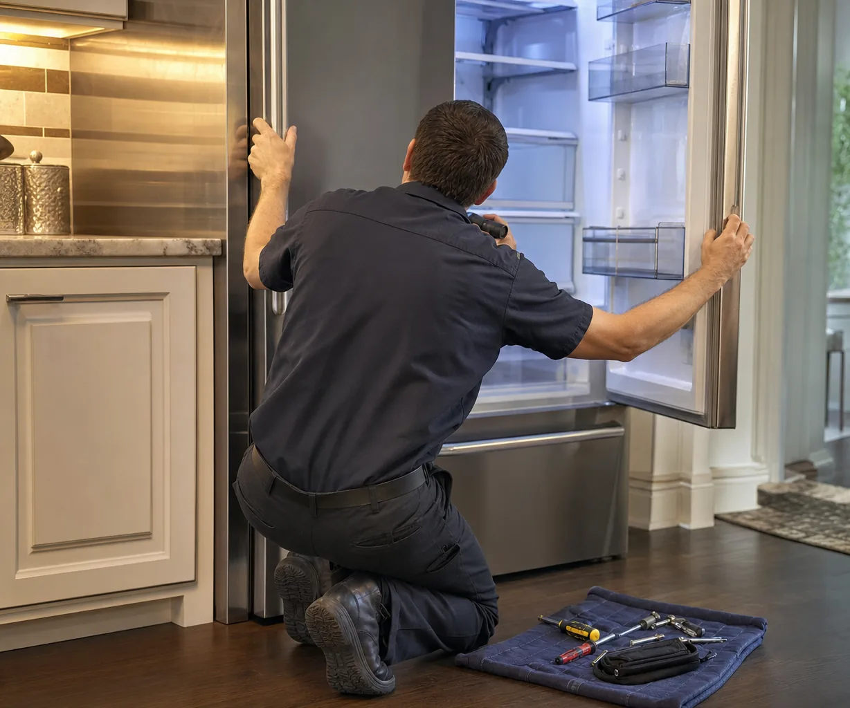 Technician repairing a built-in refrigerator up close