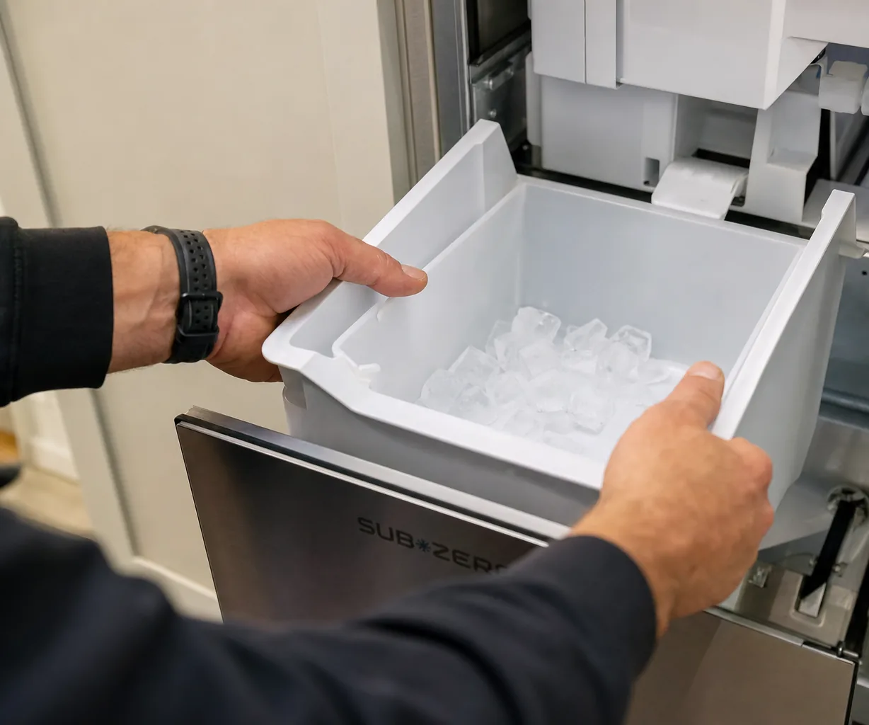 Technician servicing a built-in ice maker in a Greenwich kitchen