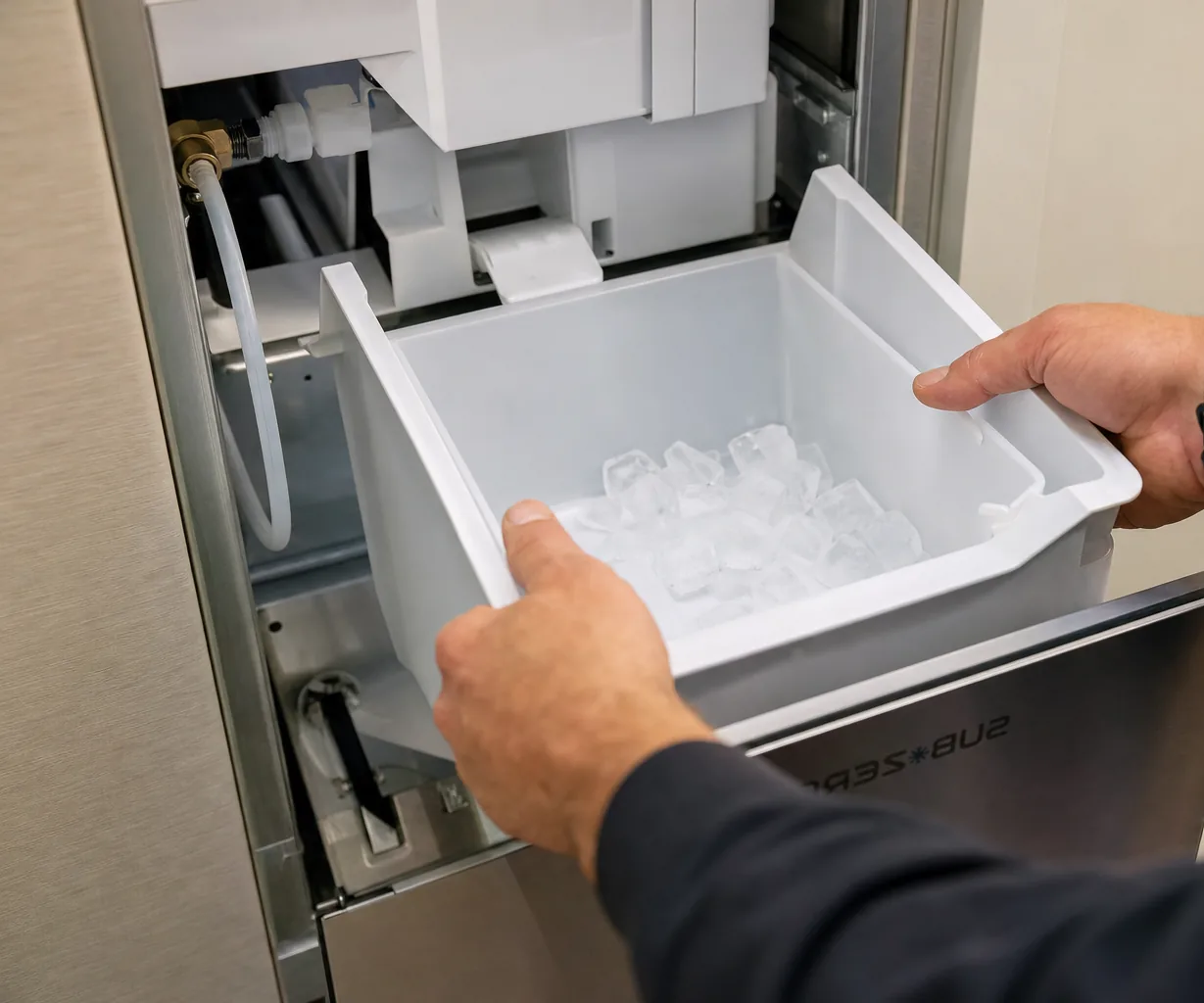 Technician servicing a built-in ice maker mid-repair