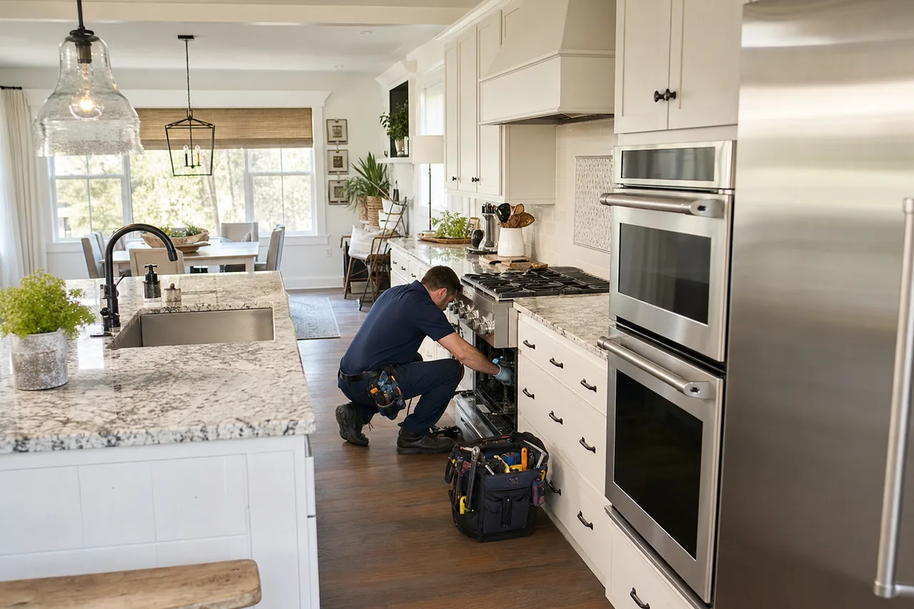 A luxury kitchen with built-in stainless appliances in a Greenwich kitchen
