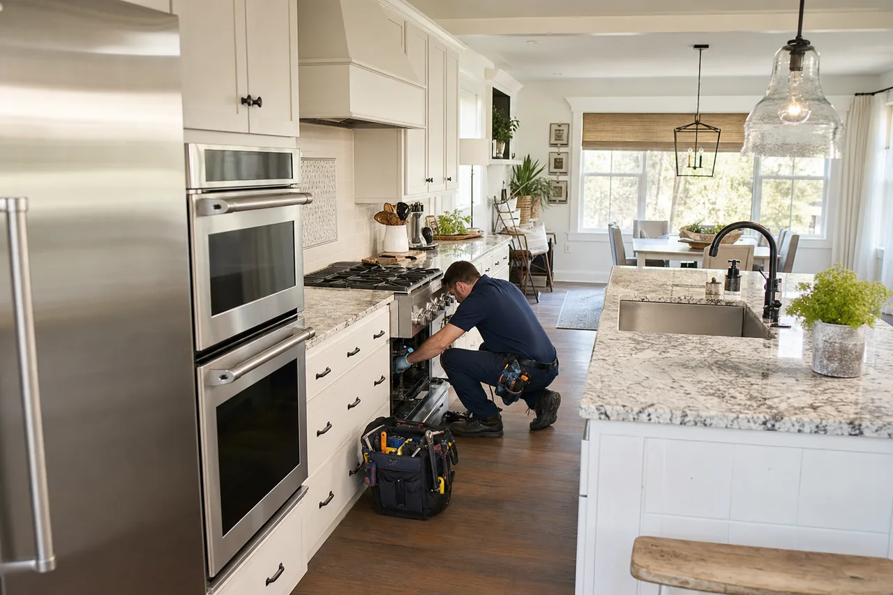 A luxury kitchen with built-in stainless appliances in a Greenwich kitchen