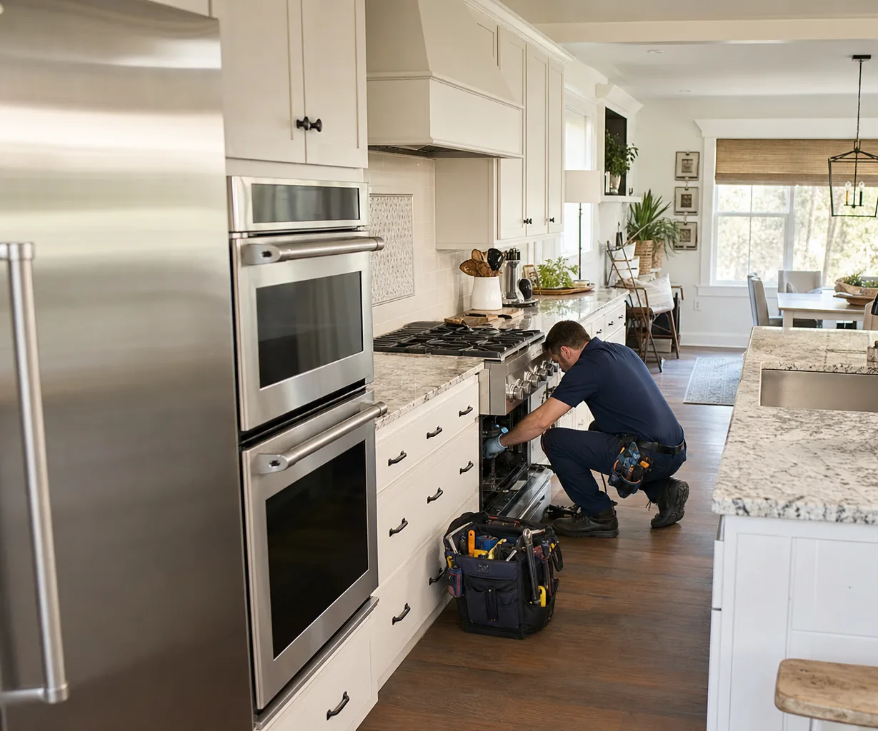 A luxury kitchen with built-in stainless appliances mid-repair