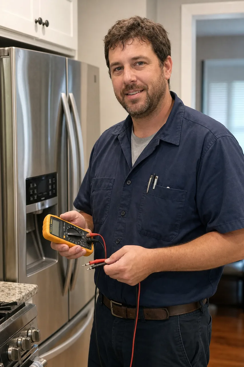 An appliance repair technician in a Greenwich kitchen holding a multimeter