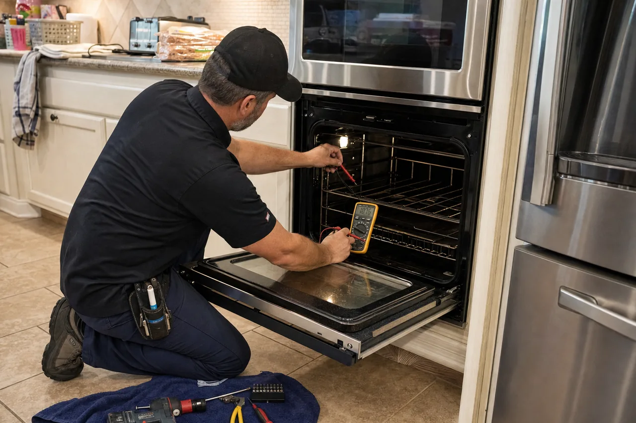 Technician servicing a built-in wall oven up close