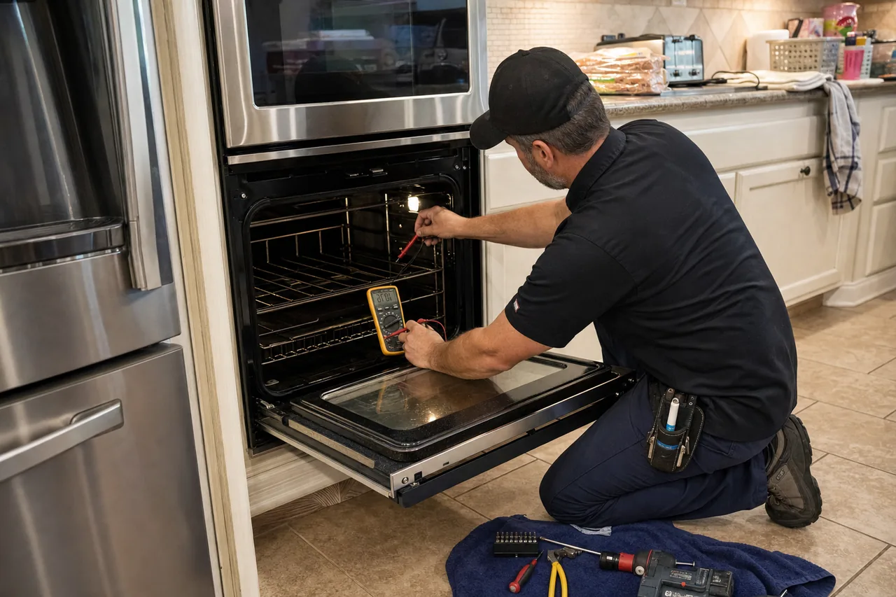 Technician servicing a built-in wall oven in a Greenwich kitchen