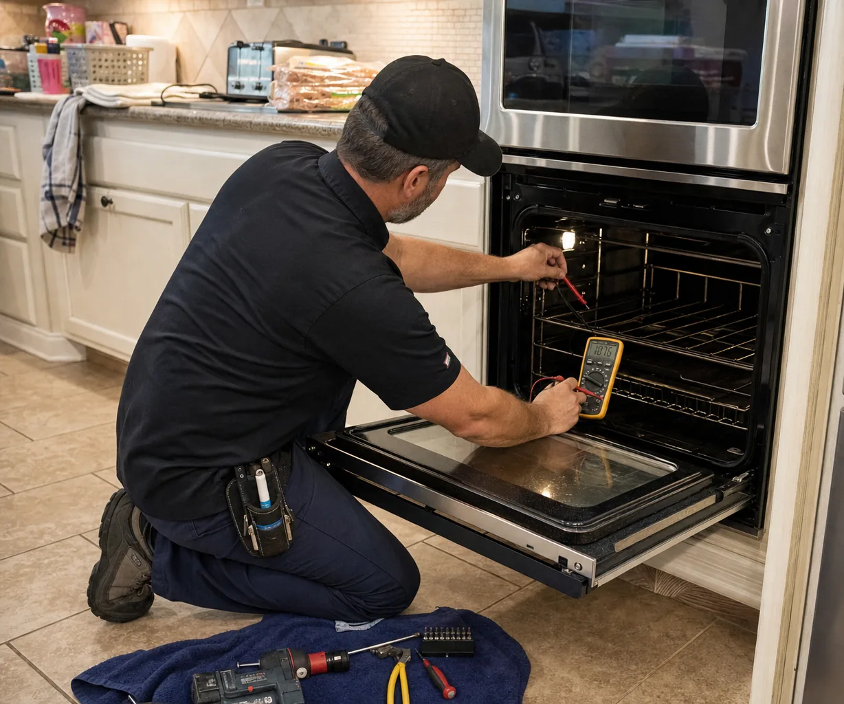 Technician servicing a built-in wall oven up close