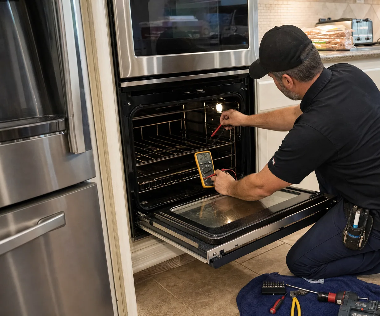 Technician servicing a built-in wall oven on a same-day visit