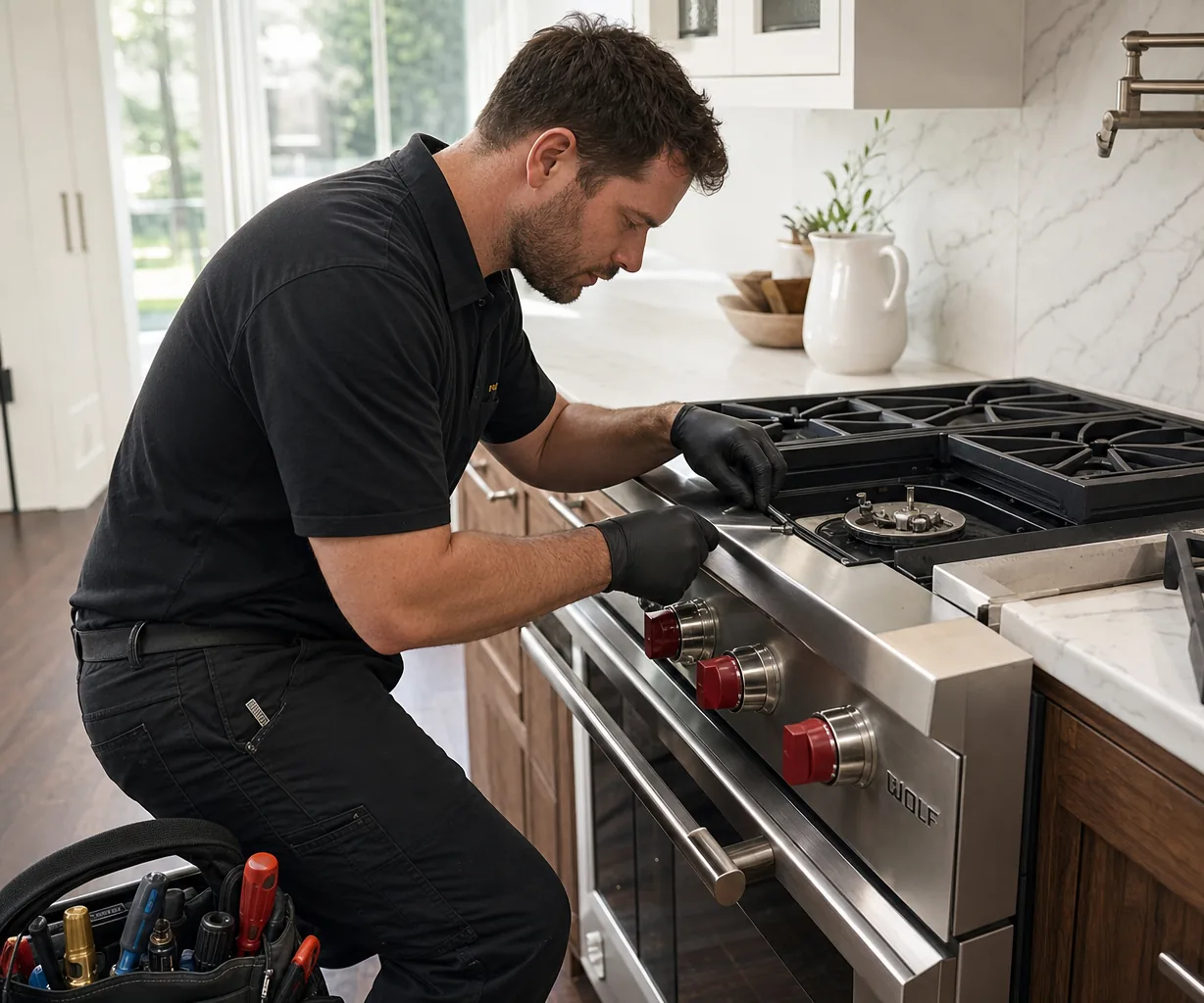 Technician servicing a stainless Wolf range in a Greenwich kitchen